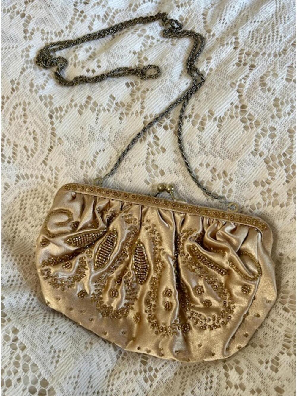 Vintage Beaded La Regale Gold Satin Evening Clutch Purse